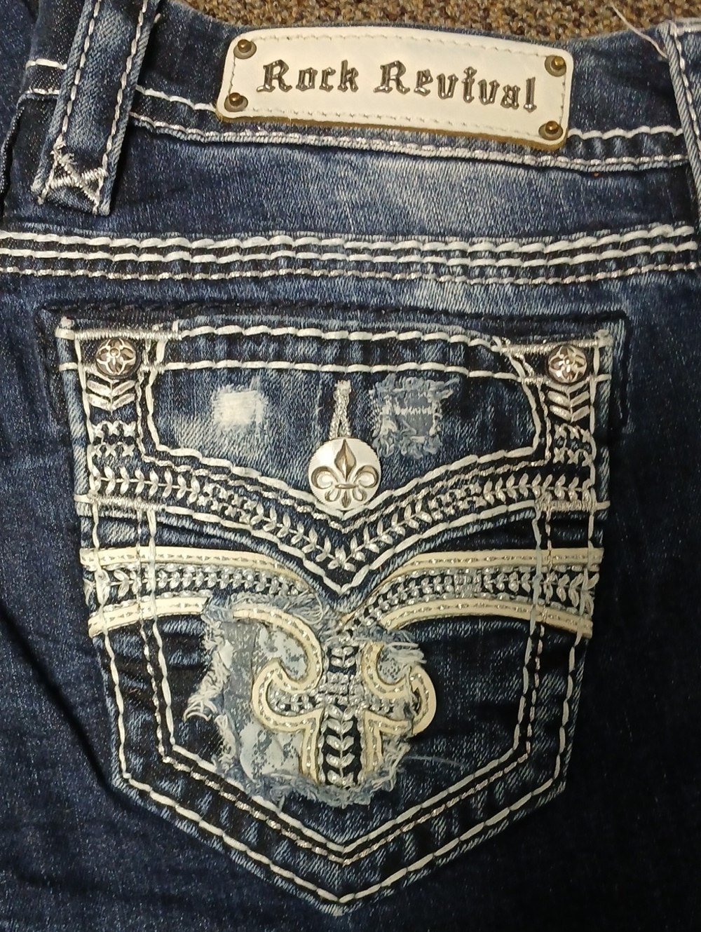 Rock Revival Women's Dark Blue Denim Jeans with Cream Embroidery